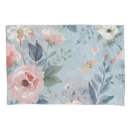 Dusty Blue Floral Watercolor Garden Pink Blooms 枕カバー