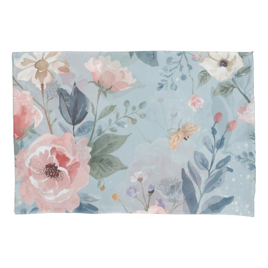 Dusty Blue Floral Watercolor Garden Pink Blooms 枕カバー (正面)