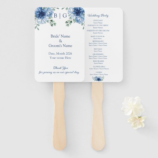 Dusty Blue Floral Watercolor Wedding ハンドファン (正面&裏面)