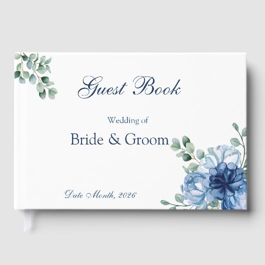 Dusty Blue Floral Watercolor White Wedding ゲストブック (正面)