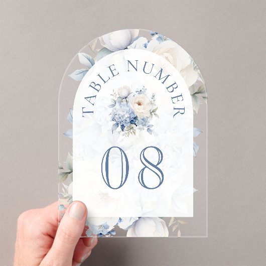 Dusty Blue Floral Wedding Acrylic Table Number アクリル招待状 (インサイチュ (ポータブル))