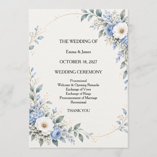 Dusty Blue Floral Wedding Ceremony Program カード (正面)
