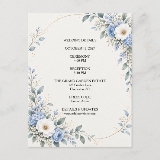 Dusty Blue Floral Wedding Details Card ノートカード (正面)
