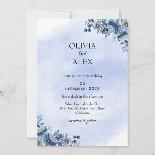 Dusty Blue Floral Wedding Invitation 招待状 (正面)
