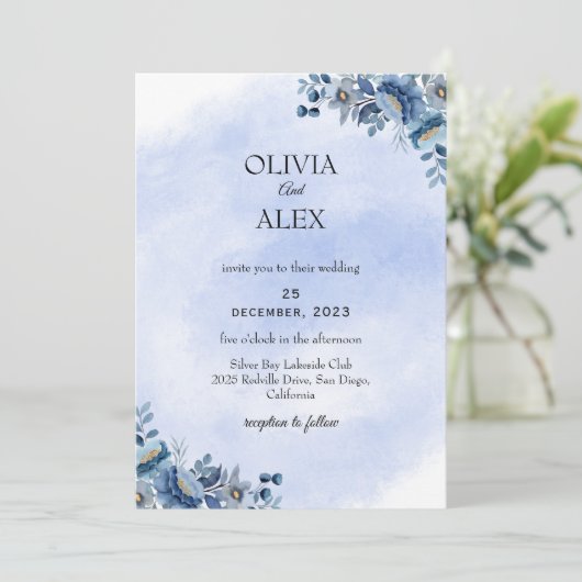 Dusty Blue Floral Wedding Invitation 招待状 (スタンド正面)