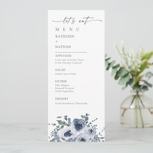 Dusty Blue Floral Wedding Menu メニュー (スタンド正面)