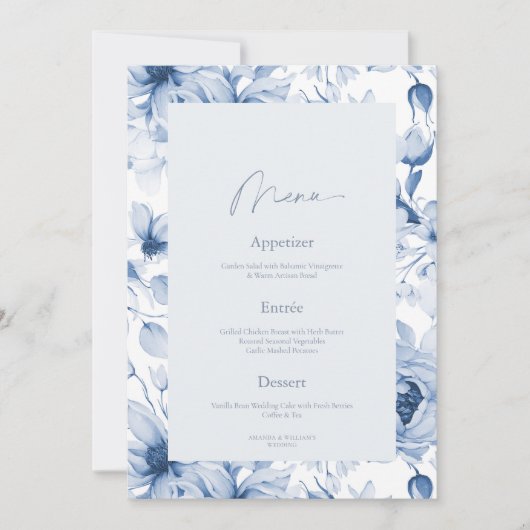 Dusty Blue Floral Wedding Menu Card 招待状 (正面)