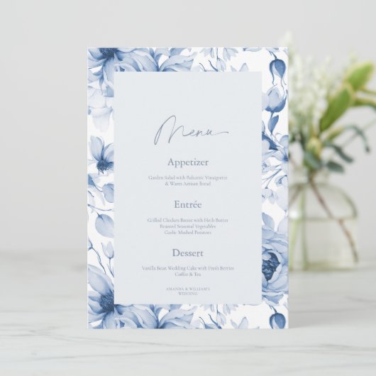Dusty Blue Floral Wedding Menu Card 招待状 (スタンド正面)