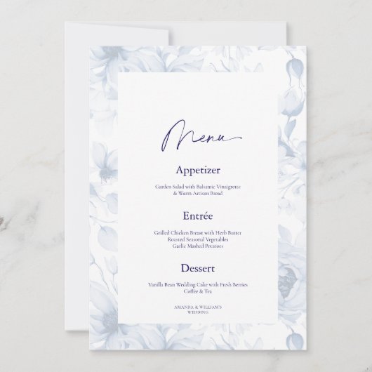 Dusty Blue Floral Wedding Menu Card 招待状 (正面)