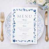 Dusty Blue Floral Wedding Menu Card 招待状