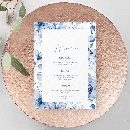Dusty Blue Floral Wedding Menu Card 招待状