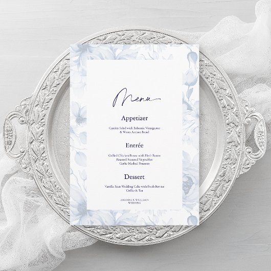 Dusty Blue Floral Wedding Menu Card 招待状