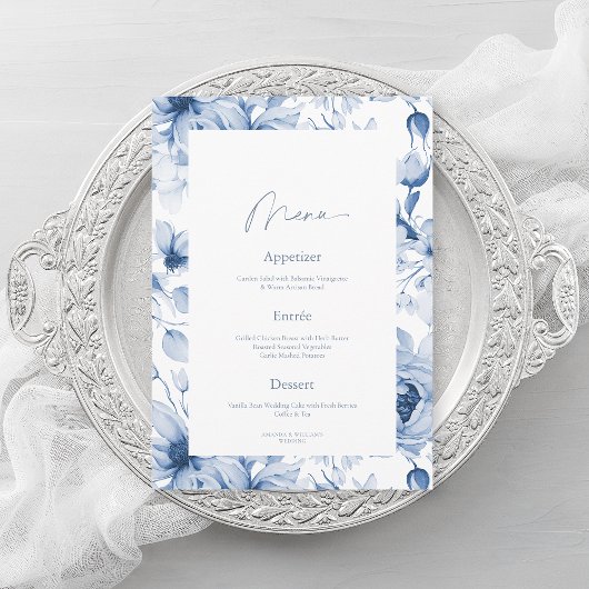 Dusty Blue Floral Wedding Menu Card 招待状