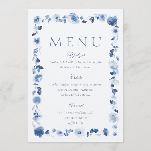 Dusty Blue Floral Wedding Menu Card 招待状 (正面)