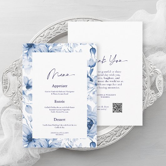 Dusty Blue Floral Wedding Menu & Thank You Card 招待状