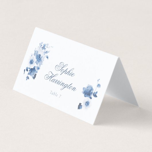 Dusty Blue Floral Wedding Place Card (正面)