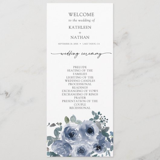  Dusty Blue Floral Wedding Program メニュー (正面)