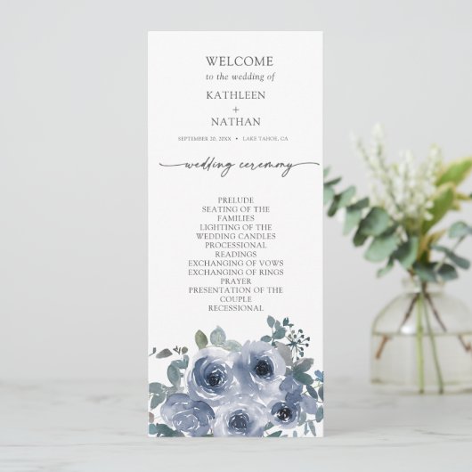  Dusty Blue Floral Wedding Program メニュー (スタンド正面)