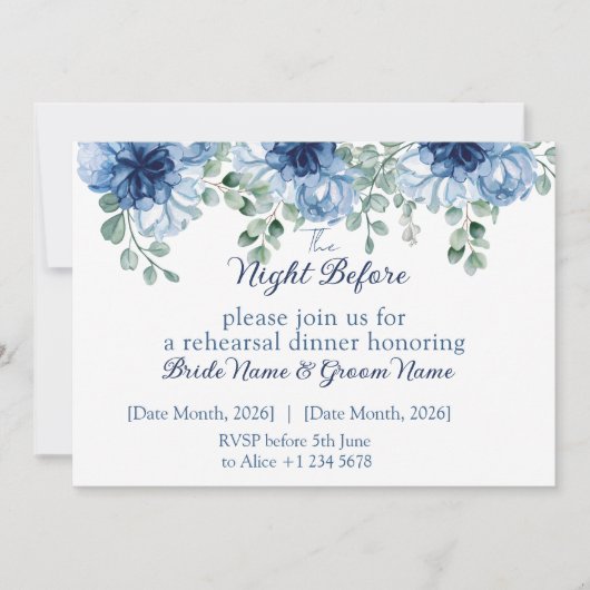 Dusty Blue Floral Wedding Rehearsal Dinner 招待状 (正面)