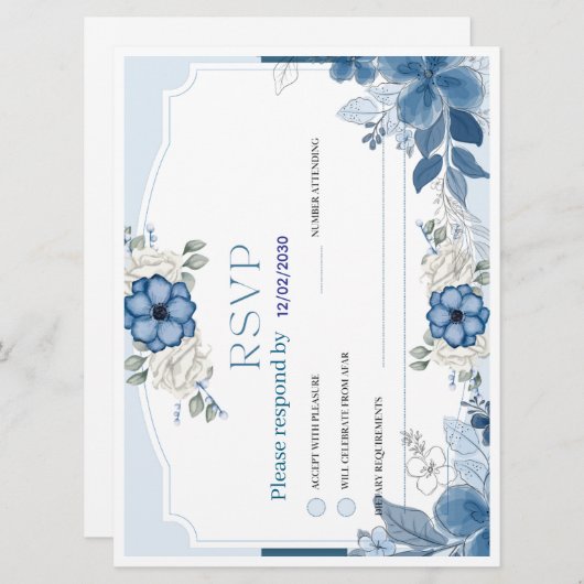 Dusty Blue Floral Wedding RSVP Card | Botanical (正面/裏面)