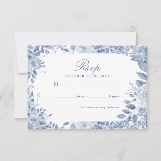 Dusty Blue Floral Wedding RSVP Card - Elegant Wate (正面)