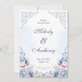 Dusty Blue Floral Wedding Save the Date セーブザデート (正面)