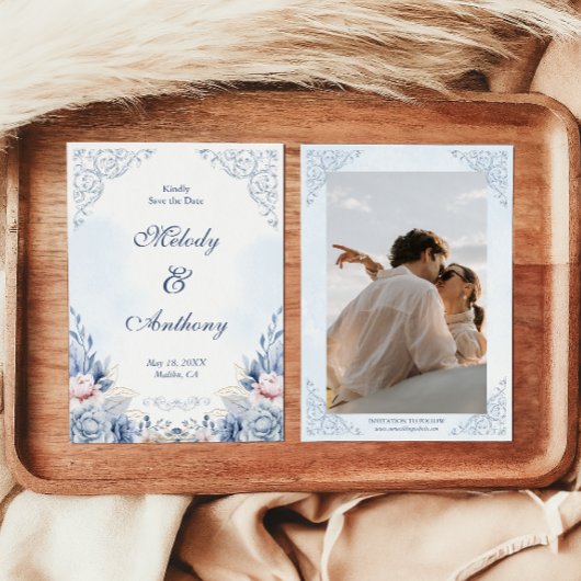 Dusty Blue Floral Wedding Save the Date セーブザデート