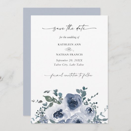 Dusty Blue Floral Wedding Save the Date 招待状 (正面/裏面)
