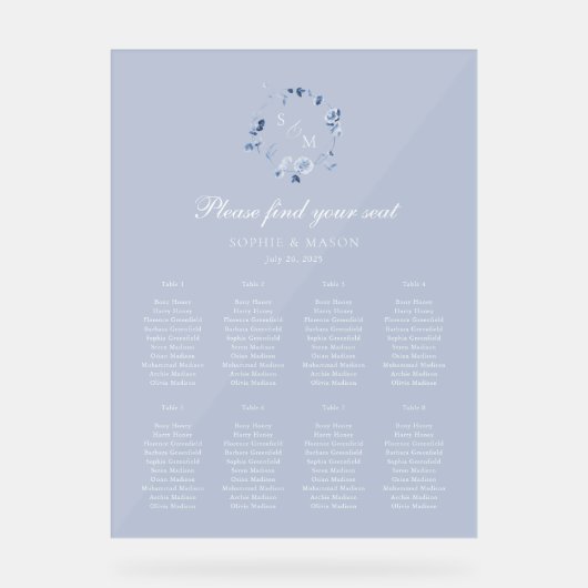 Dusty Blue Floral Wedding Seating Chart アクリルサイン (正面)