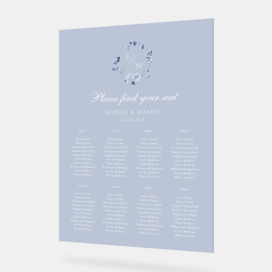 Dusty Blue Floral Wedding Seating Chart アクリルサイン (傾斜)