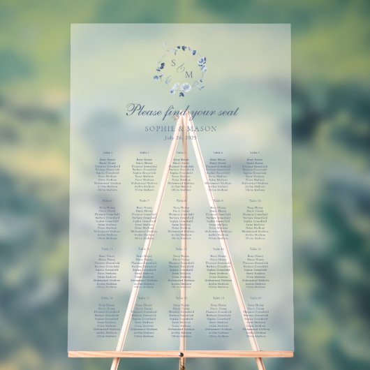 Dusty Blue Floral Wedding Seating Chart  アクリルサイン (ニュートラル)