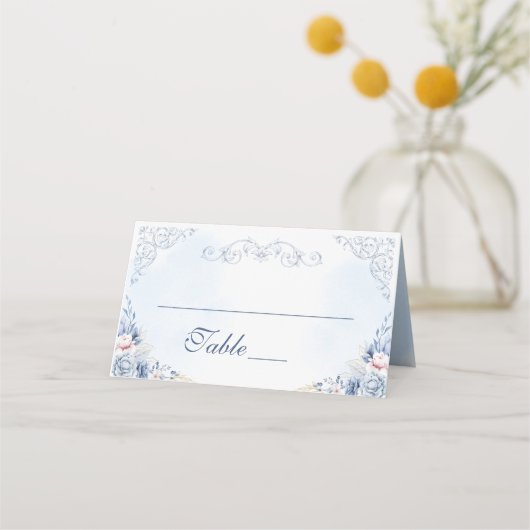 Dusty Blue Floral Wedding Table Number プレイスカード (正面)