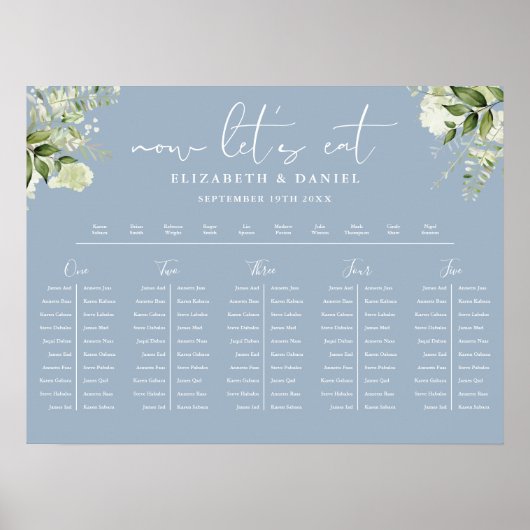 Dusty Blue Floral Wedding Table Plan Seating Chart ポスター (正面)