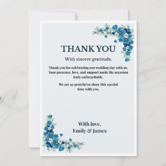 Dusty Blue Floral Wedding Thank You Card 招待状