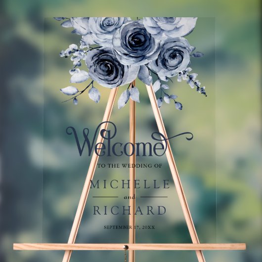 Dusty Blue Floral Wedding Welcome アクリルサイン (ニュートラル)
