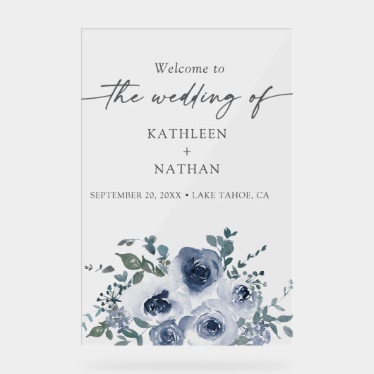 Dusty Blue Floral Wedding Welcome  アクリルサイン (正面)
