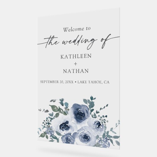 Dusty Blue Floral Wedding Welcome  アクリルサイン (傾斜)