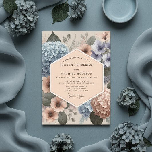 Dusty Blue Floral Whimsical Wedding 招待状