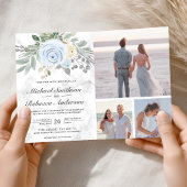 Dusty Blue Floral White Marble QR Code Wedding 招待状