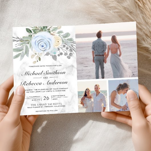 Dusty Blue Floral White Marble QR Code Wedding 招待状