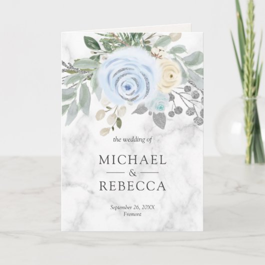 Dusty Blue Floral White Marble QR Code Wedding 招待状 (正面)