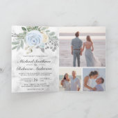 Dusty Blue Floral White Marble QR Code Wedding 招待状 (内部)