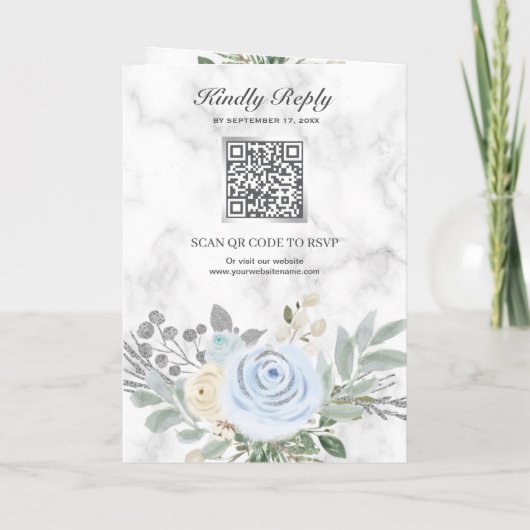 Dusty Blue Floral White Marble QR Code Wedding 招待状 (裏面)