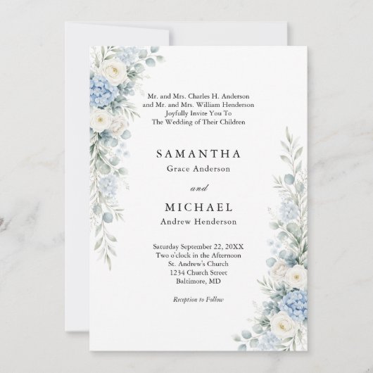 Dusty Blue Florals Both Parents Names Wedding 招待状 (正面)