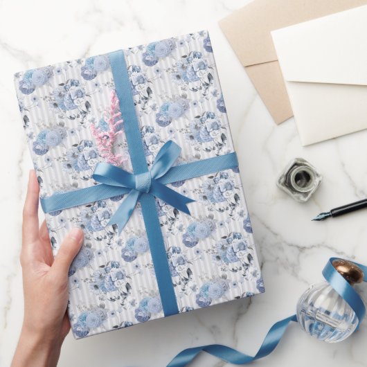 Dusty Blue Florals & Stripes - Wrapping Paper Roll ラッピングペーパー (ギフト)