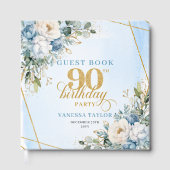 Dusty Blue Flowers Elegant Script 90th Birthday  ゲストブック (正面)