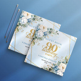 Dusty Blue Flowers Elegant Script 90th Birthday  ゲストブック