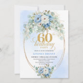 Dusty Blue Flowers Gold 60th Birthday Invitation 招待状 (正面)