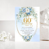Dusty Blue Flowers Gold 60th Birthday Invitation 招待状