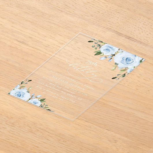 Dusty Blue Flowers, Greenery, Boho, Birthday アクリル招待状 (レイダウン)